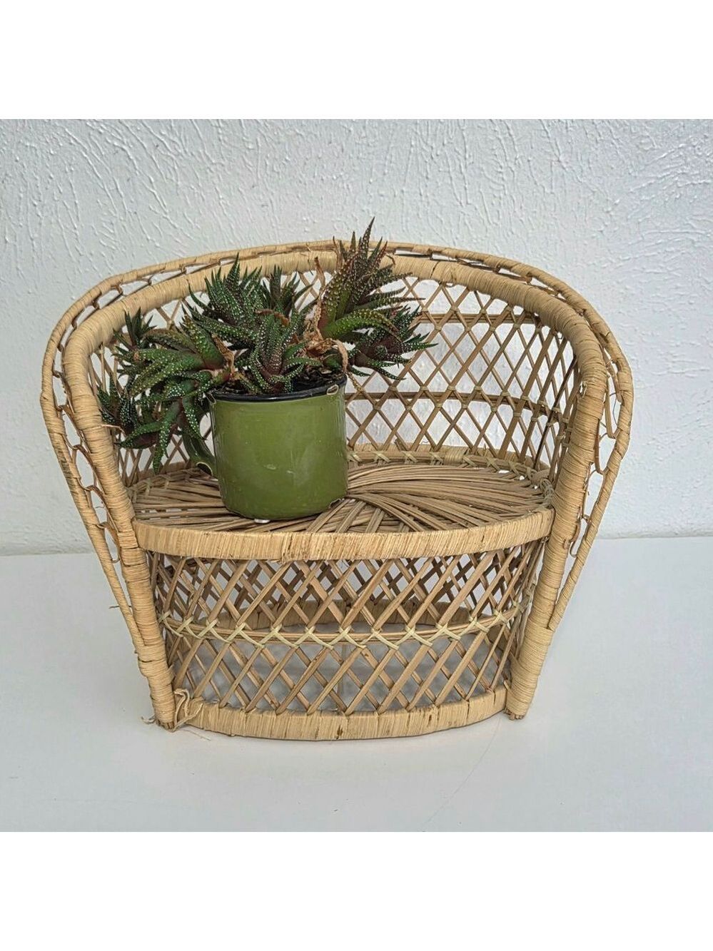 Vintage Wicker Woven Rattan Miniature Loveseat Chair Plant Stand Boho Home Decor